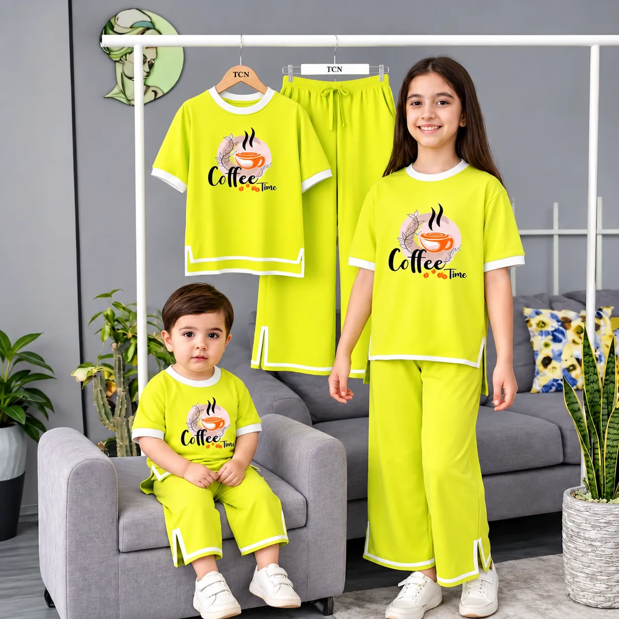 Kids Premium Cotton Half Sleeve T-Shirt & Pant Set - Lime Green