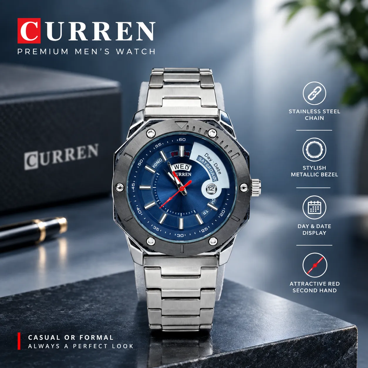 CURREN Premium Stainless Steel Men's Watch | Day & Date Display