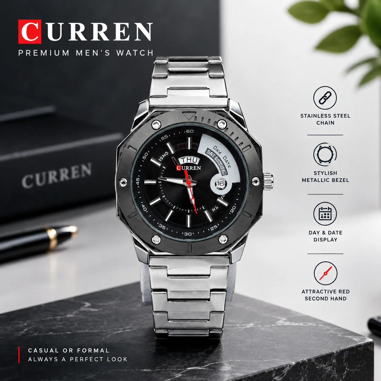 CURREN Premium Stainless Steel Men's Watch | Day & Date Display |