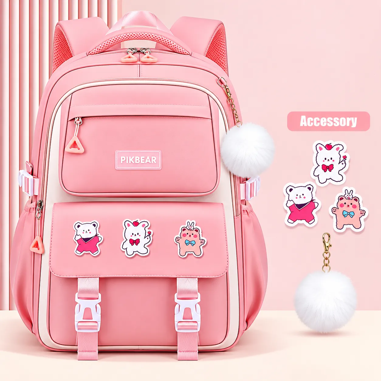 Cute PIKBEAR School Backpack for Girls - Pink